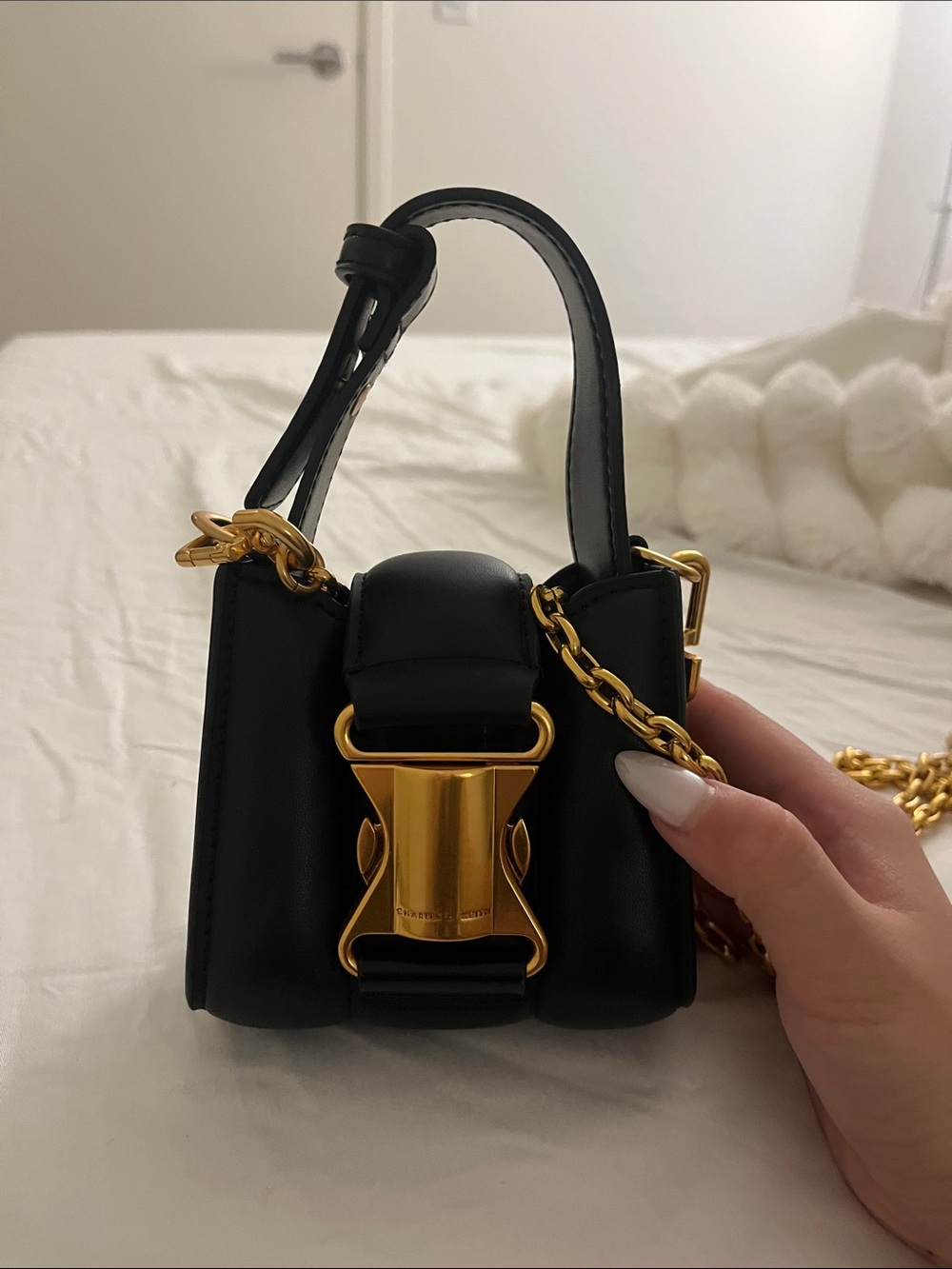 Black Mini Shoulder Bag with Gold Buckle and Chain